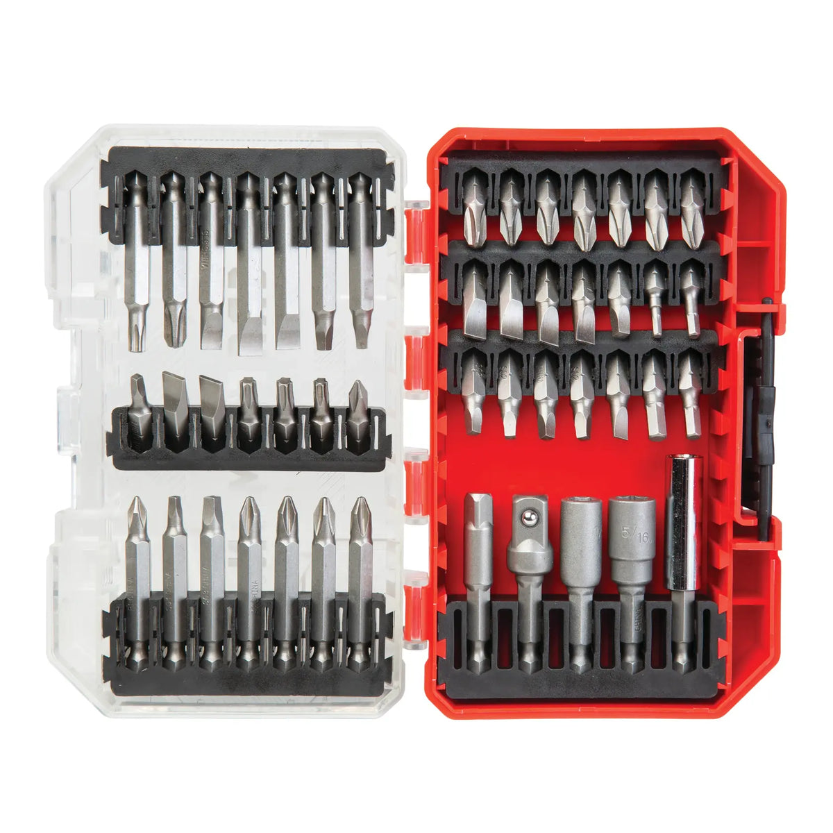 Photo of Craftsman 47-piece screwdriver bit set in red and clear plastic case, SKU CMAF1247, top-down angle.