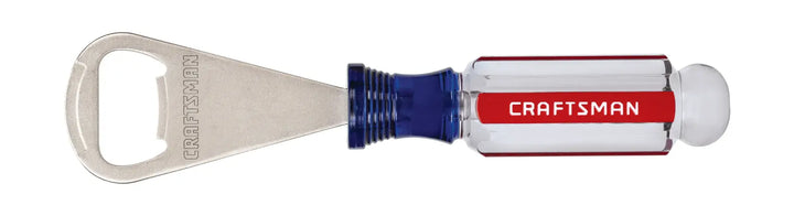 Photo of Craftsman CMHT65086 bottle opener with clear and red handle, side angle on white background.