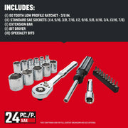 Craftsman CMMT12112 24-piece SAE ratchet socket and bit set, chrome finish, product front angle.