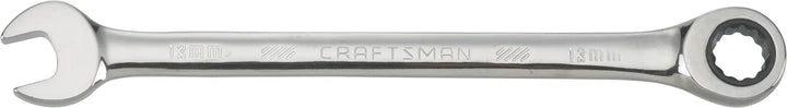 Photo of Craftsman CMMT42571 chrome 13mm combination ratcheting wrench, flat view on white background.