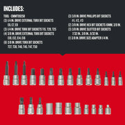 Photo of Craftsman bit socket set, model CMMT99258, with various Torx, Phillips, hex, and slotted bit sockets.