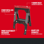 Craftsman folding sawhorse SKU CMST11031 with metal legs, adjustable mechanism, and V-groove ruler on white background.