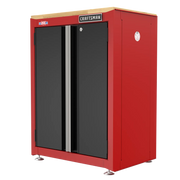 Craftsman CMST22603RB red and black garage storage cabinet with wood top, front angle photo.