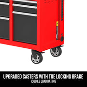 Partial view of a red and black tool chest with upgraded casters featuring a toe locking brake. Text below indicates a 1500 lb load rating.